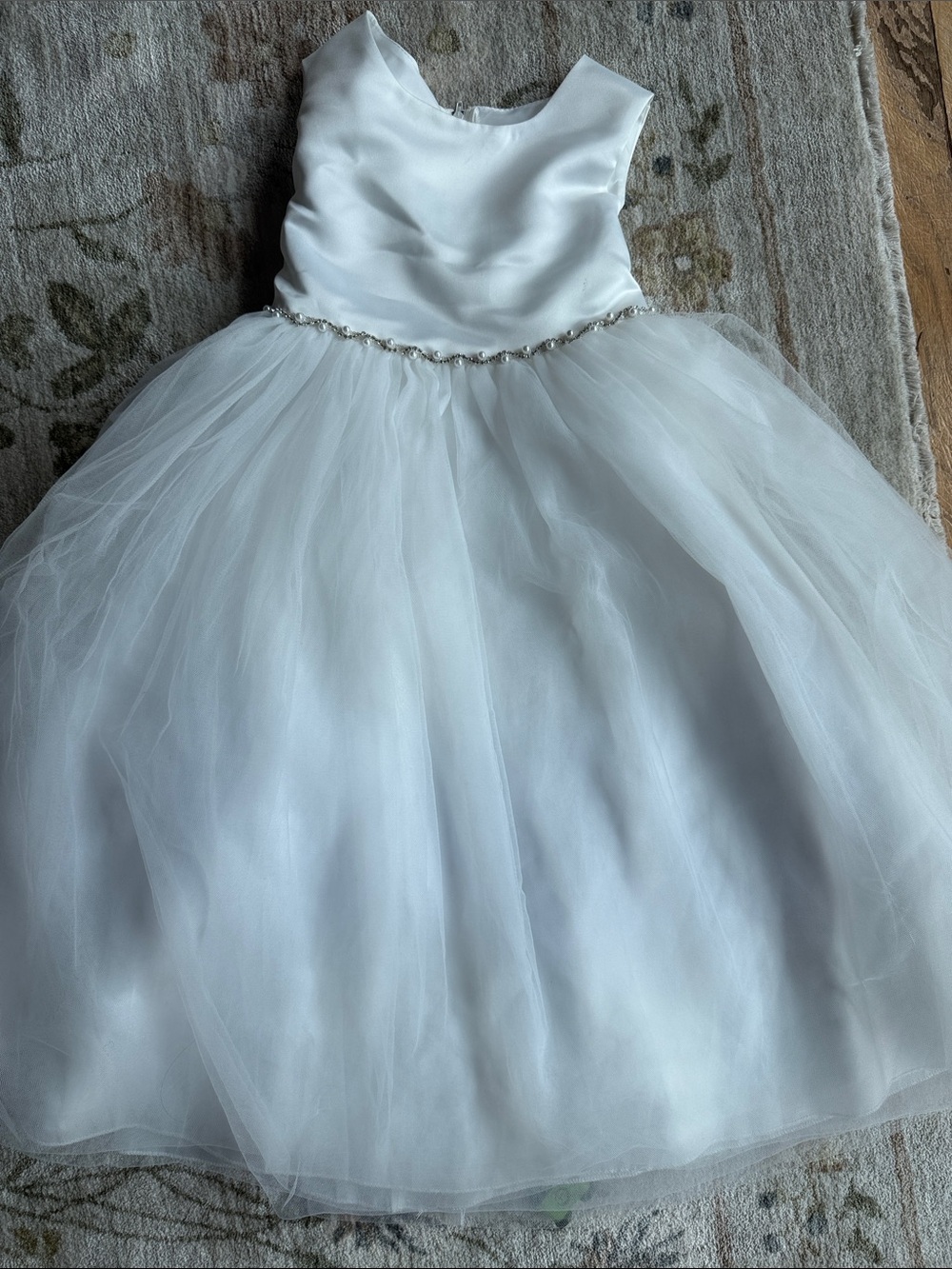 White Satin & Tulle flower girl Dress with Beaded Waist